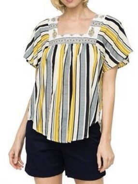 Mystree Yellow White and Blue Striped Square-Neck Blouse